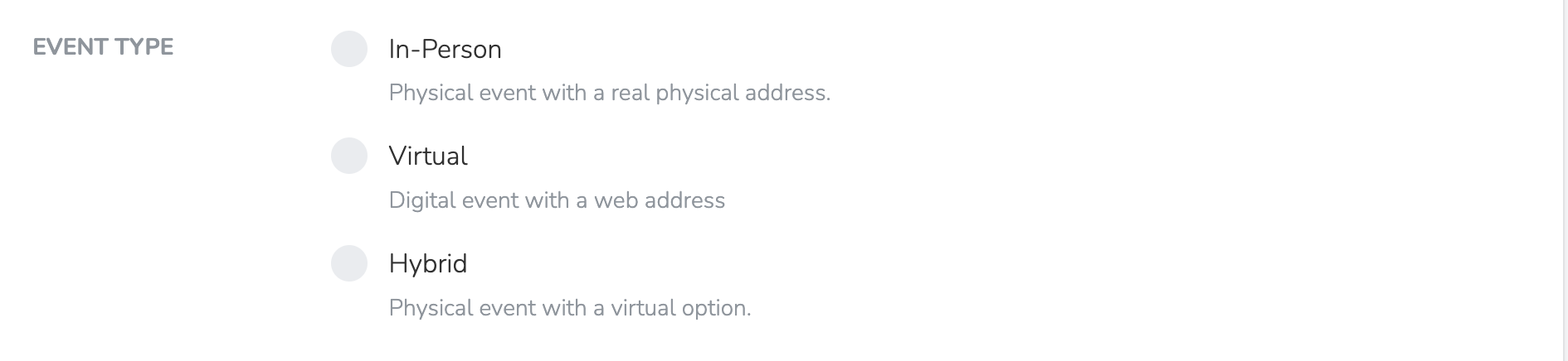 Event Type Selection — In-Person, Virtual, or Hybrid