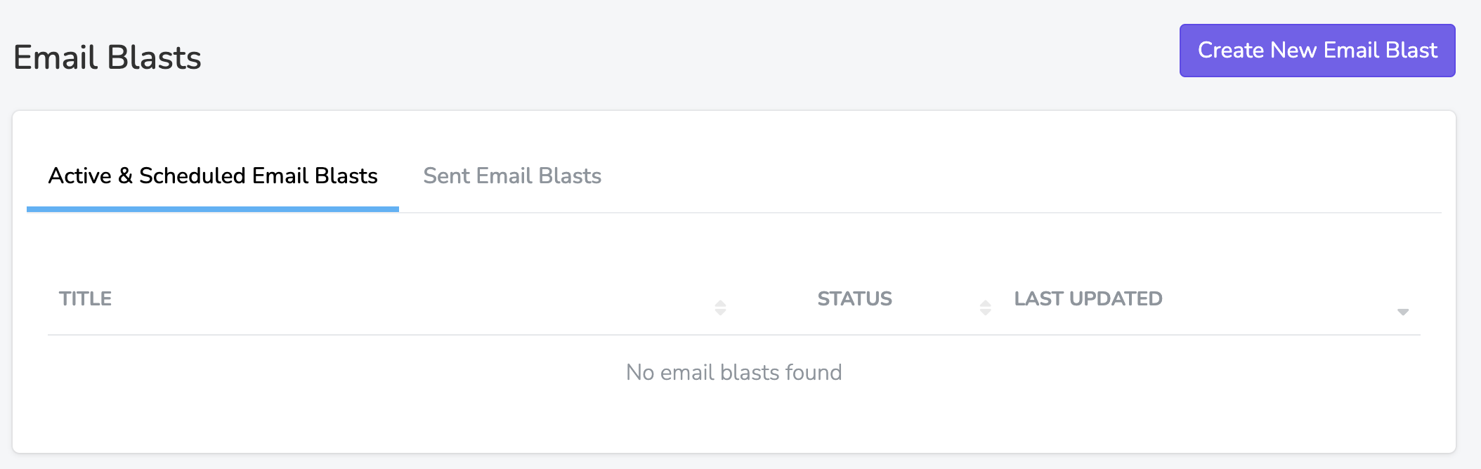 Email Blasts dashboard with Active & Scheduled and Sent tabs