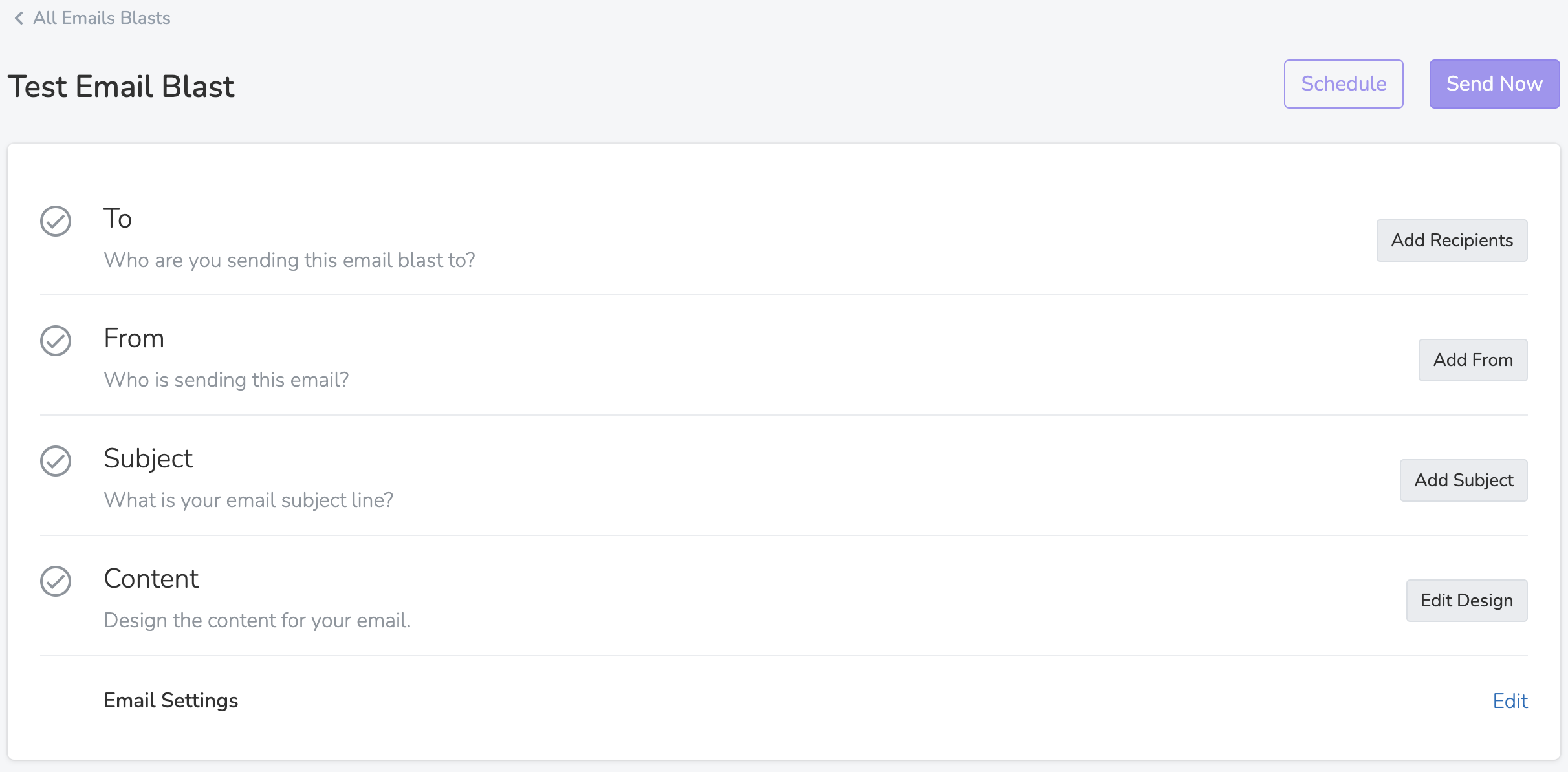 Email blast editor screen with all configuration sections