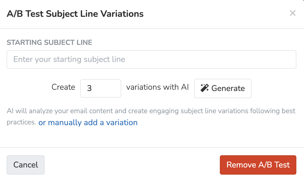 A/B Test Variations panel with starting subject line and Generate button